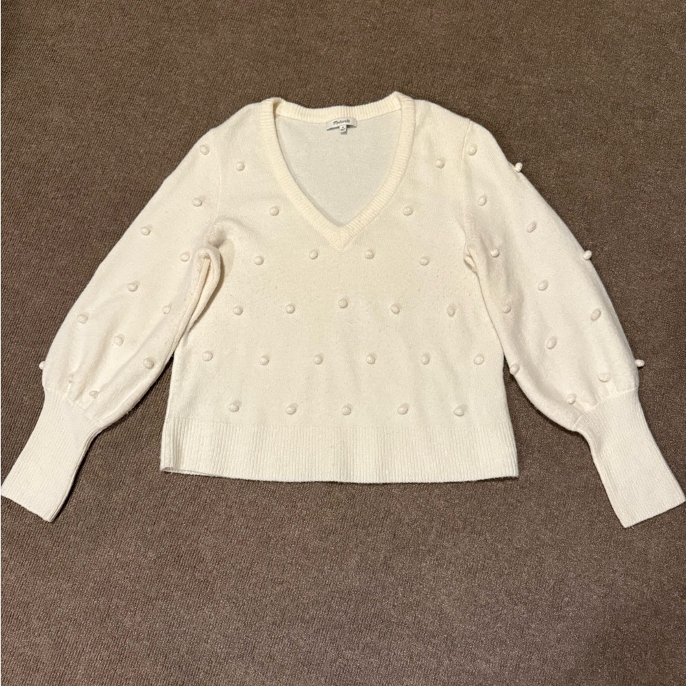 Madewell Cream V-Neck Sweater with Pom Details